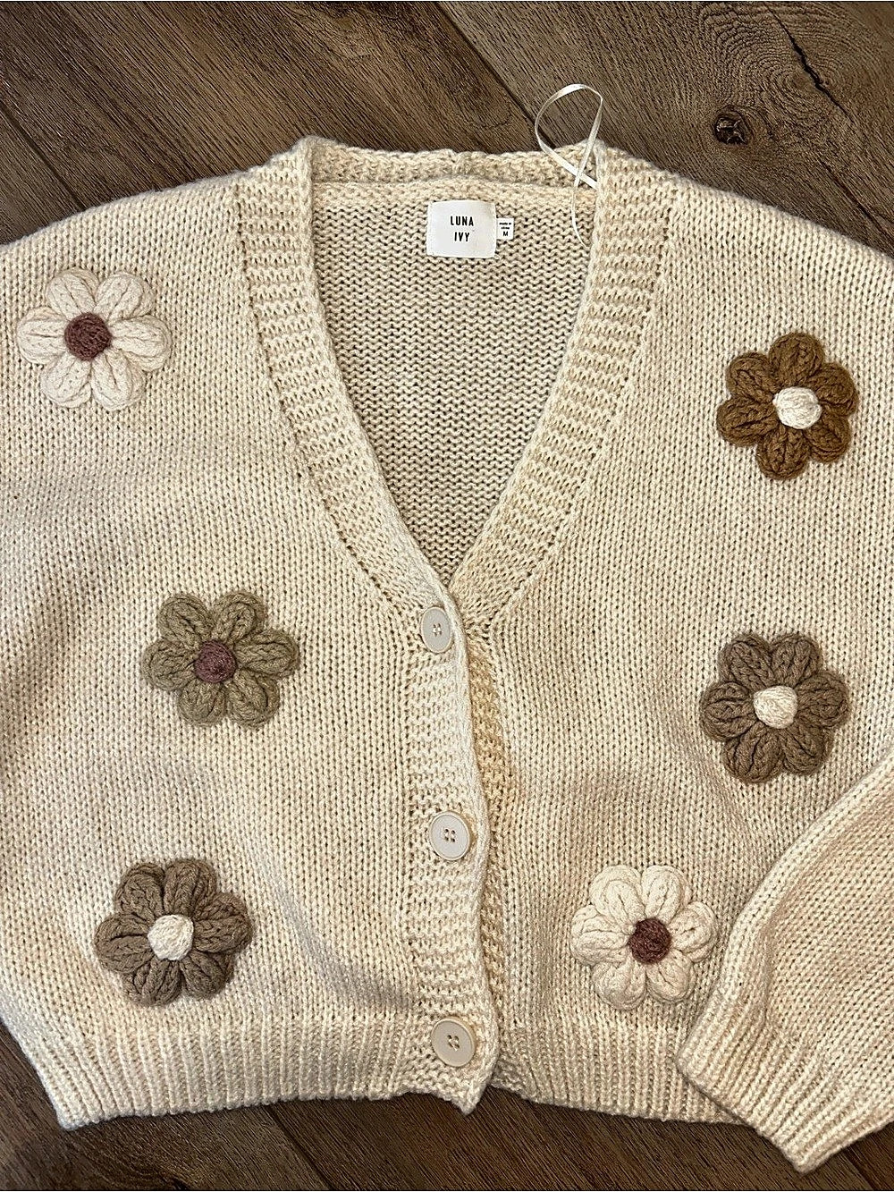 LUNA IVY Floral knit Cardigan in Cream & Brown crochet flowers Size Medium